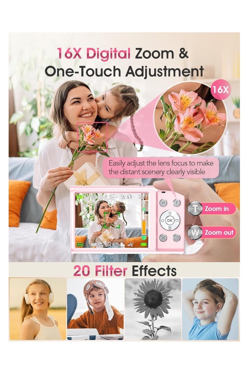 Kids Digital Camera Toys for 3-8 Year Old Girls Boys with 2.4-Inch Screen, 180° Flip Lens, Gift for Kids 64G SD Card Included Pink - Image 5