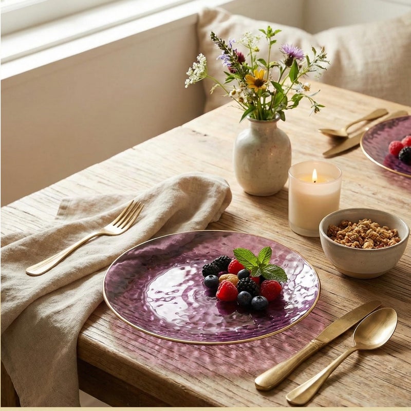 R-kay 100 Pack Purple Plastic Plates - 6 Inch Hammered With Gold Rim, Sturdy, Durable And Extra Heavy duty Purple Plastic Dessert Plates Disposable - Ideal For Appetizer And And For Desserts. - Image 2