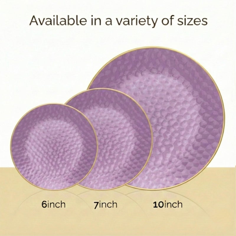 R-kay 100 Pack Purple Plastic Plates - 6 Inch Hammered With Gold Rim, Sturdy, Durable And Extra Heavy duty Purple Plastic Dessert Plates Disposable - Ideal For Appetizer And And For Desserts. - Image 3