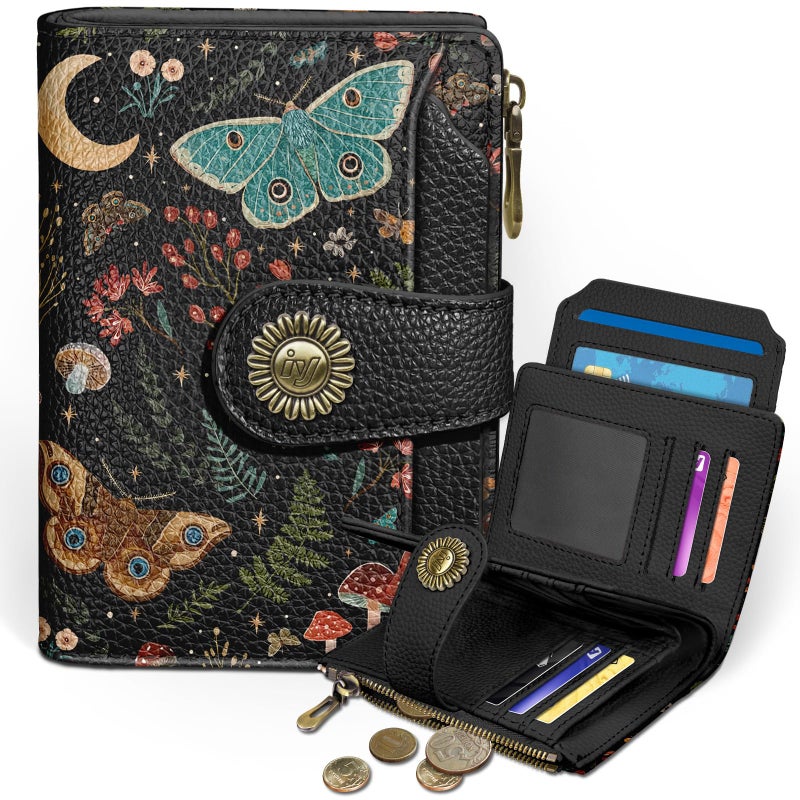 Icycay Butterfly Small Wallet Women RFID Blocking Bifold, Credit Card Holder, Zipper Coin Pocket, PU Leather, Compact, Travel, 4 ID Window, 14 Card Slots, Cash Purse, Ladies Woman Female Girls - Image 1