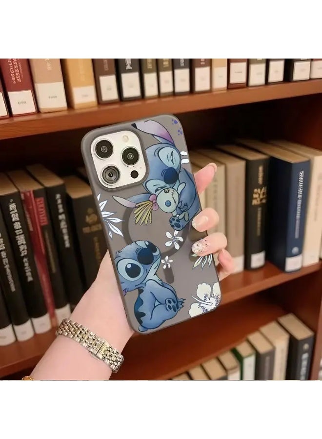 Temu Disney Stitch Quiet Black Magnetic Matte Phone Case with Premium Texture TPU Protective Cute Cartoon Gift Cover Shockproof Scratch Resistant for iPhone 15 Pro Max