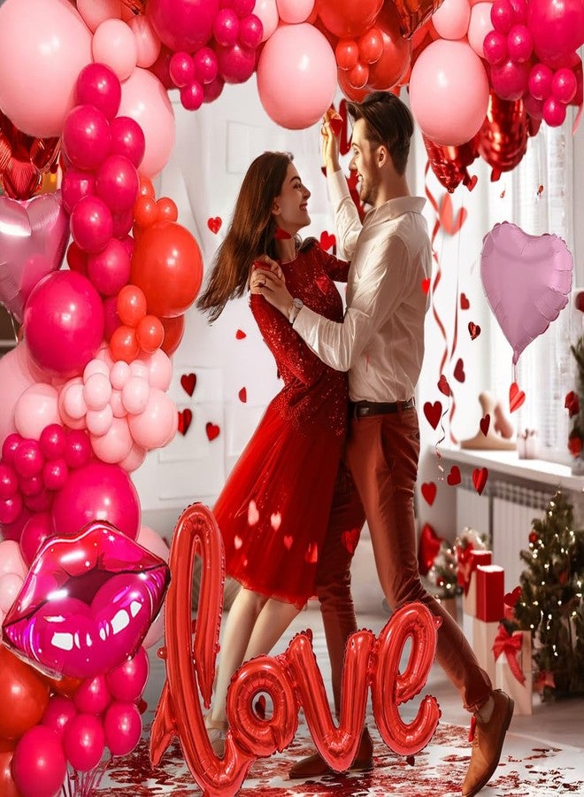 طقم قوس بالونات عيد الصداقة (Galentines Day) - بالونات باللون الأحمر والوردي الفاتح والوردي الماكرون مع بالونات على شكل قلوب وشفاه - ستائر خلفية لحفلات عيد الحب وعيد الصداقة (Galentines Day) وحفلات الذكرى السنوية للفتيات - Image 3