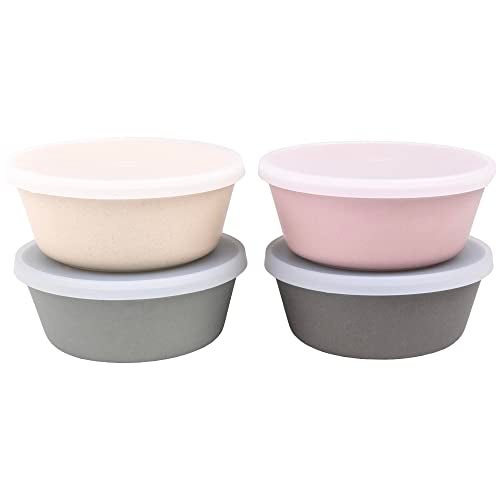 WeeSprout Bamboo Kids Bowls with Lids Set of Four 10 oz KidSized Dinnerware Cereal Leftovers  Snack Bowl Dishwasher Safe Pink Green Gray  Beige