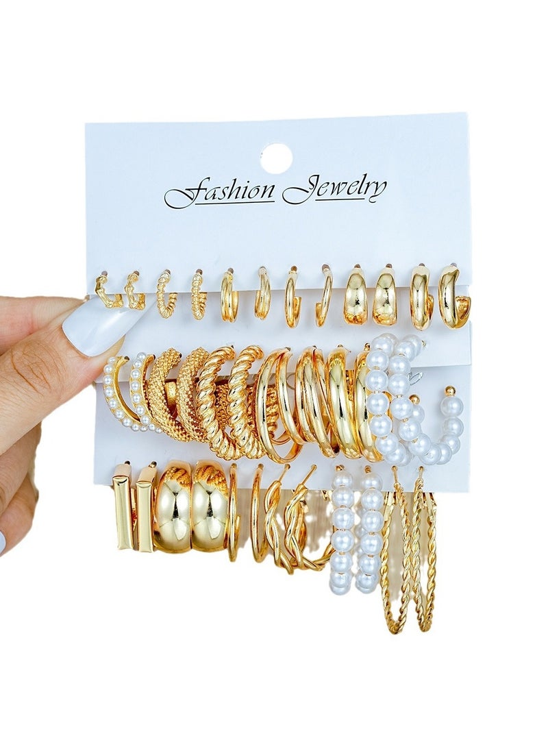 Huitich Elegant 18 Pcs Gold Colour Hoop & Pearl Earring Set  - Image 1