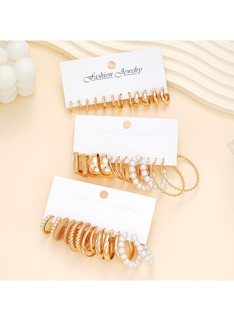 Huitich Elegant 18 Pcs Gold Colour Hoop & Pearl Earring Set  - Image 2