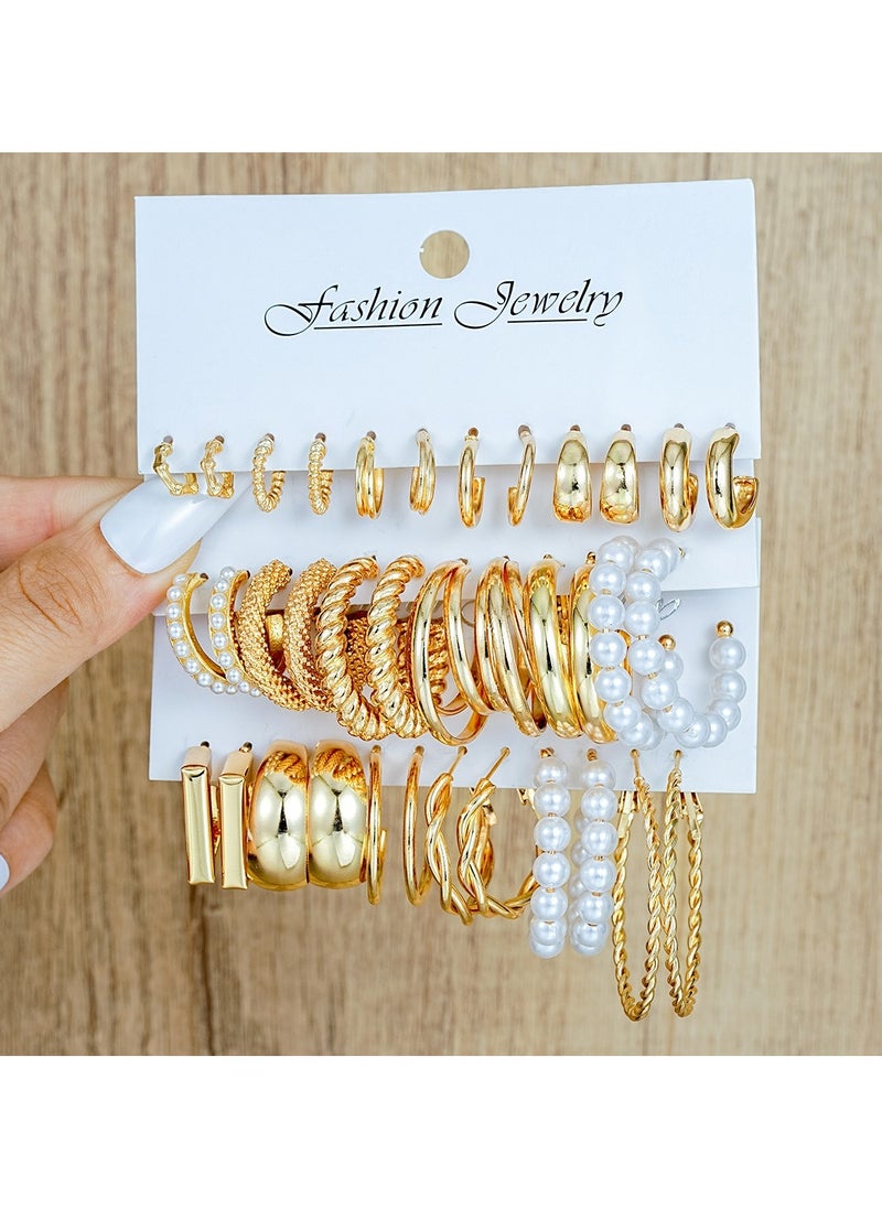 Huitich Elegant 18 Pcs Gold Colour Hoop & Pearl Earring Set  - Image 4