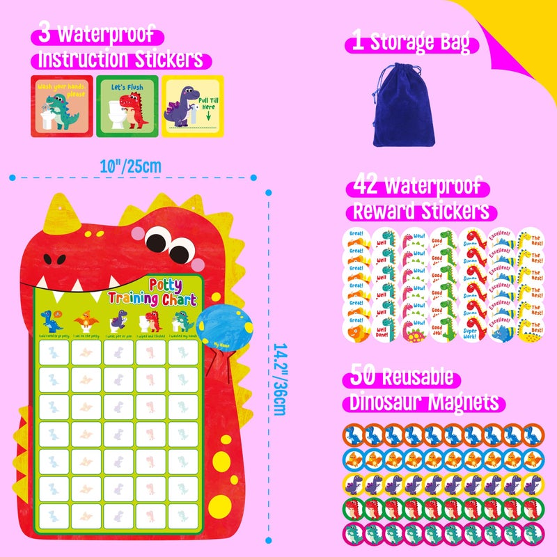 SpriteGru Magnetic Potty Training Chart, Dinosaur Reward Potty Training Chart with 50 Reusable Dinosaur Magnets Plus 45 Stickers and a Storage Bag, Perfect for Boys & Girls, Multiple Toddlers (14.2â€ X 10â€) - Image 2