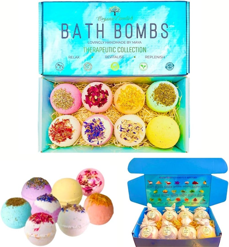 Organic Essentials Bath Bomb Set Handmade Bath Shower Bombs for Men Women Infused with Essential Oils Vegan SkinNourishing Deeply Relaxing Aromatherapy Fizzies Shower Bombs 8 Unique Blends