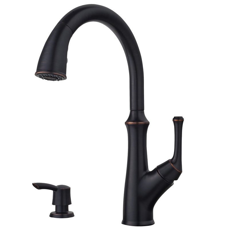 Pfister Tamera Kitchen Faucet with Pull Down Sprayer and Soap Dispenser Single Handle High Arc Tuscan Bronze Finish F5297TAY