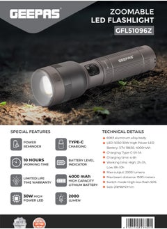 GEEPAS Zoomable LED Flashlight 30W | Perfect for Indoor and Outdoor Use, 10 Hours Continuous Working | Battery Level Indicator and Power Reminder, Lithium Battery, 2000 Lumens | GFL51096Z  - Image 5