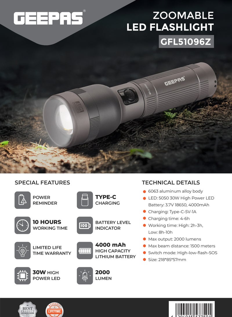 GEEPAS Zoomable LED Flashlight 30W | Perfect for Indoor and Outdoor Use, 10 Hours Continuous Working | Battery Level Indicator and Power Reminder, Lithium Battery, 2000 Lumens | GFL51096Z - Image 5