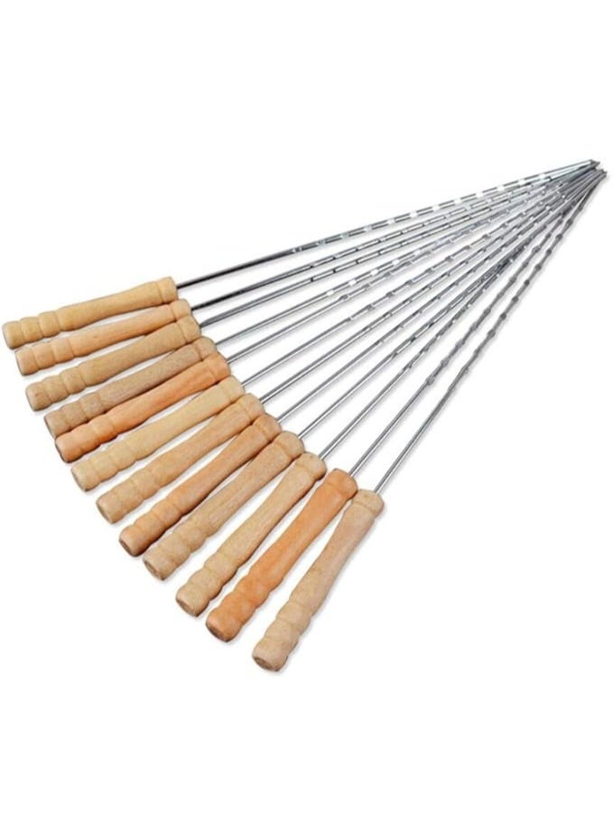 طقم 12 سيخ شواء من الستانلس ستيل بمقبض خشبي – أسياخ معدنية متينة قابلة لإعادة الاستخدام للشوي والكباب والدجاج واللحم والخضار والمأكولات البحرية - Image 3