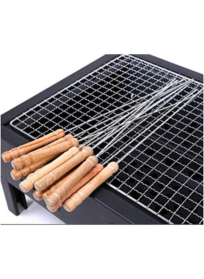 طقم 12 سيخ شواء من الستانلس ستيل بمقبض خشبي – أسياخ معدنية متينة قابلة لإعادة الاستخدام للشوي والكباب والدجاج واللحم والخضار والمأكولات البحرية - Image 1