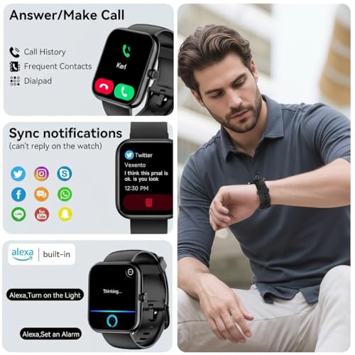 SENBONO Smart Watch with Alexa Built-in, Bluetooth Calls/Notifications, 1.83" HD Health Fitness Tracker, 24/7 Heart Rate and Sleep Tracking, 120+ Sports Modes, IP68 Waterproof for iPhone and Android (Black) - Image 2