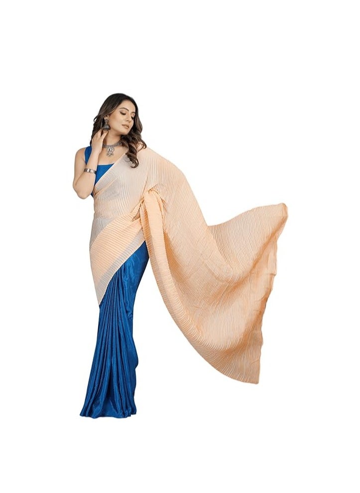 Accessorize Kingdom - Women's Crushed/Pleated Plain Chinon Saree With Unstitched Blouse Piece (Half & Half Saree) - Image 1