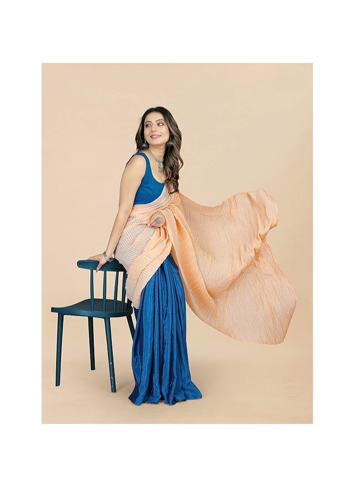 Accessorize Kingdom - Women's Crushed/Pleated Plain Chinon Saree With Unstitched Blouse Piece (Half & Half Saree) - Image 1