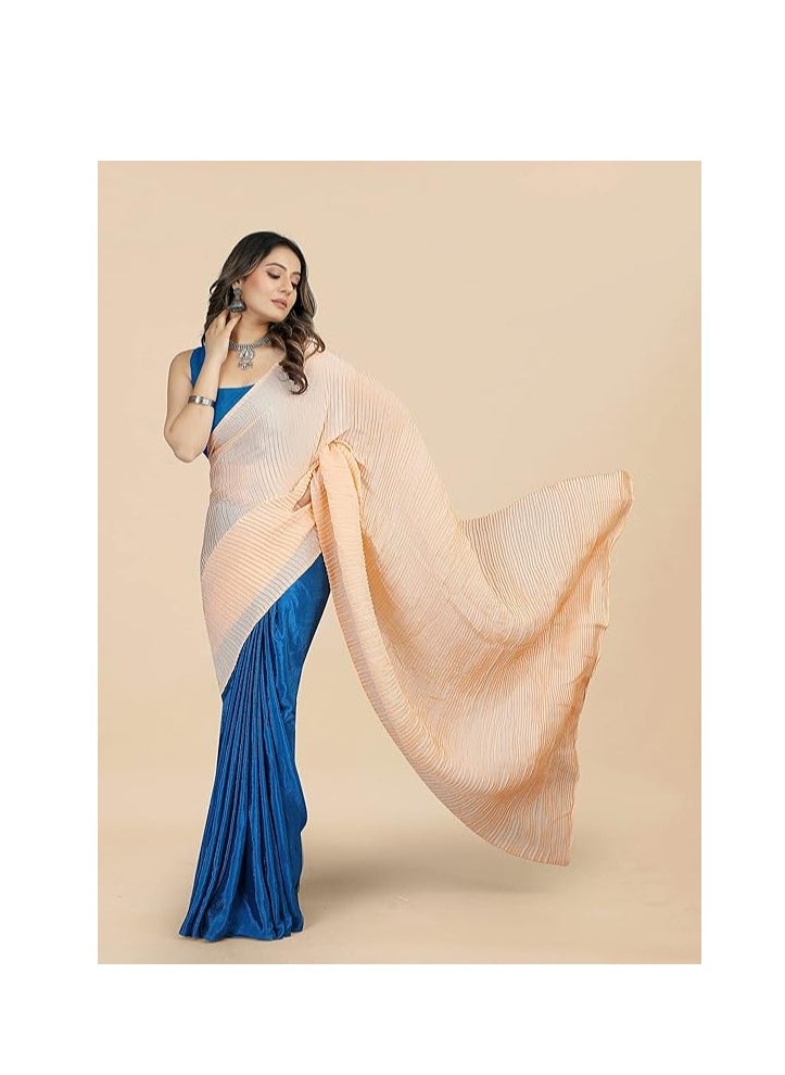 Accessorize Kingdom - Women's Crushed/Pleated Plain Chinon Saree With Unstitched Blouse Piece (Half & Half Saree) - Image 1