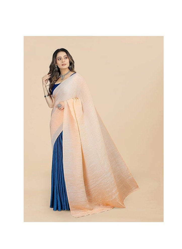 Accessorize Kingdom - Women's Crushed/Pleated Plain Chinon Saree With Unstitched Blouse Piece (Half & Half Saree) - Image 1