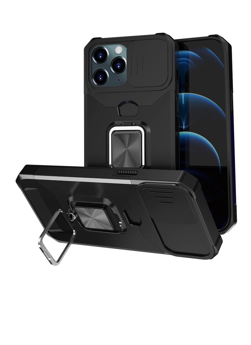 KASTWAVE - Kickstand Case for iPhone 12 Pro Max with Slide Camera Lens Cover, Heavy Duty Armor Style Case with Rotate Ring Stand & Card Holder Slot Magnetic Car Mount, Durable Phone Case Shockproof Wallet Case - Image 1