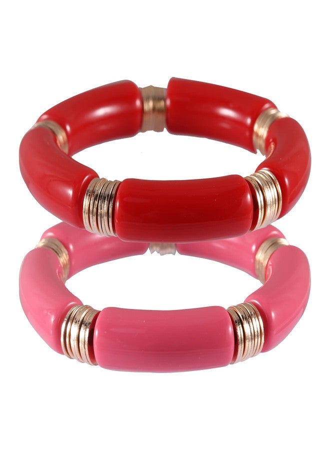 PIPITREE Bamboo Tube Bangles Bracelet For Women ，Chunky Curved Stacking Clear Acrylic Colorful Beads Stretchable Gold Bracelets Friendship Summer Beach Jewelry - Image 1