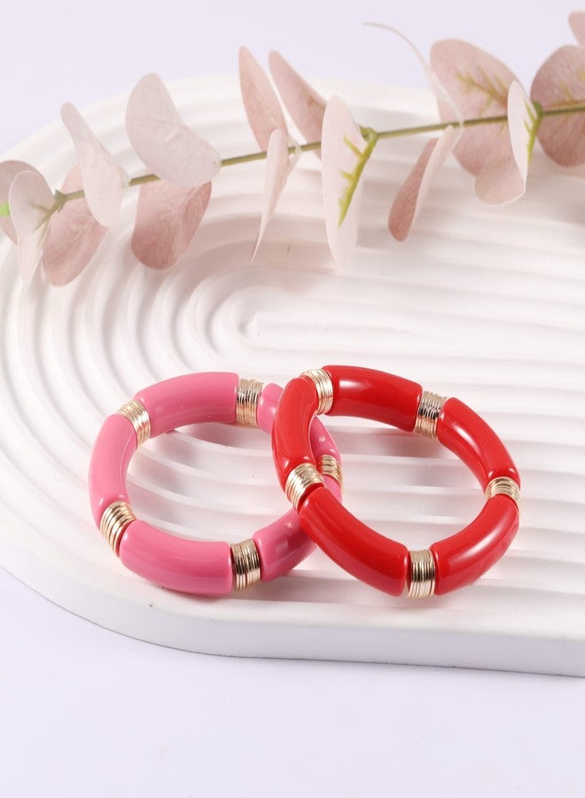 PIPITREE Bamboo Tube Bangles Bracelet For Women ，Chunky Curved Stacking Clear Acrylic Colorful Beads Stretchable Gold Bracelets Friendship Summer Beach Jewelry - Image 4