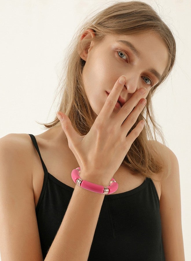 PIPITREE Bamboo Tube Bangles Bracelet For Women ，Chunky Curved Stacking Clear Acrylic Colorful Beads Stretchable Gold Bracelets Friendship Summer Beach Jewelry - Image 3