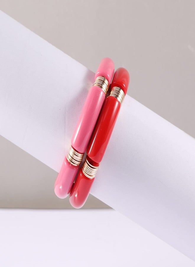 PIPITREE Bamboo Tube Bangles Bracelet For Women ，Chunky Curved Stacking Clear Acrylic Colorful Beads Stretchable Gold Bracelets Friendship Summer Beach Jewelry - Image 5