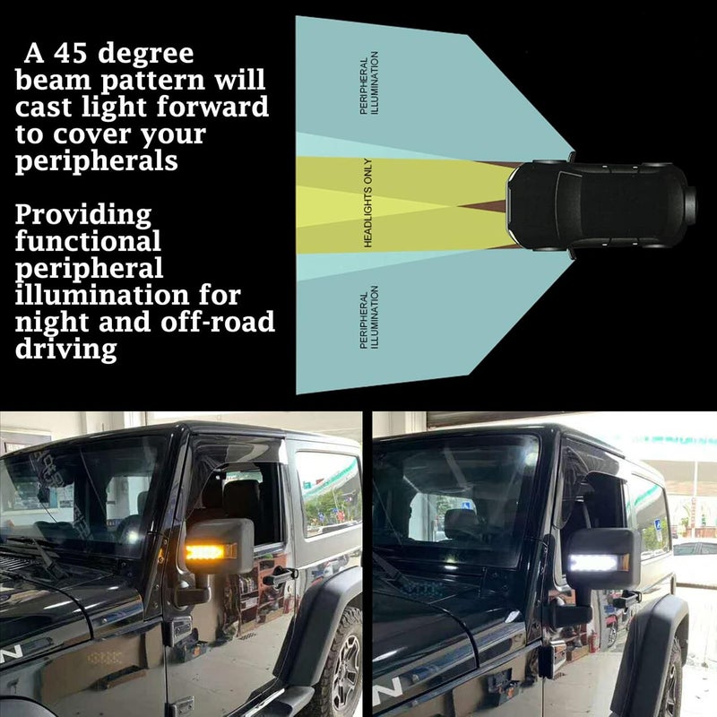 KMFCDAE LED Side Mirror with Amber Sequential Turn Signal Lights and White Daytime Running Lights for Jeep Wrangler JK JKU 2007-2018 (1 Pair) - Image 3