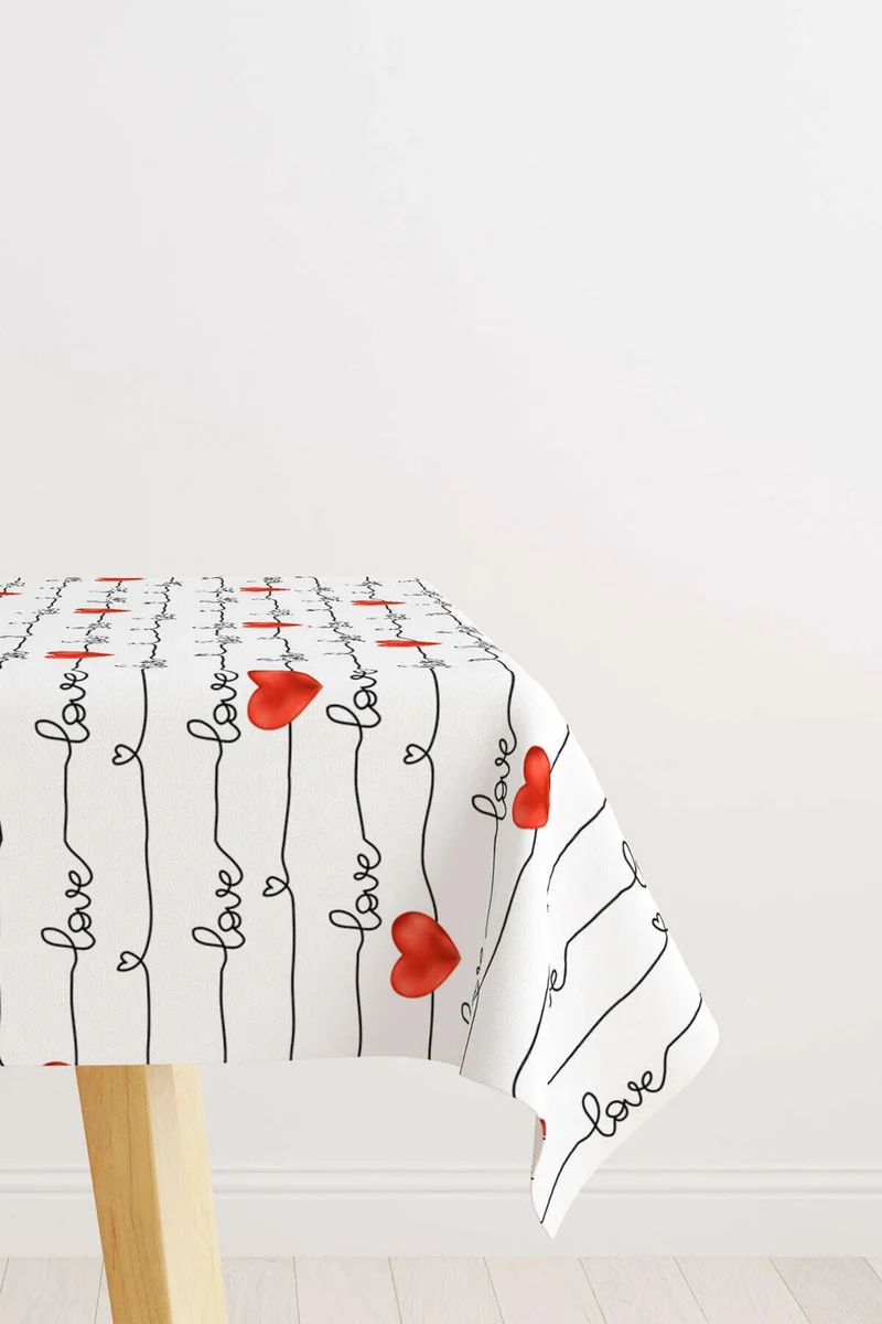 Cango Home White Red Love Written Heart Patterned Digital Printed Tablecloth CGH1004-MS