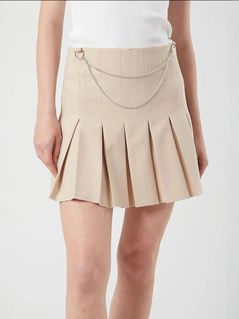 MixRay Beige Natural High Waist Pleated Mini Skirt with Chain Detail for Women | Best Price UAE