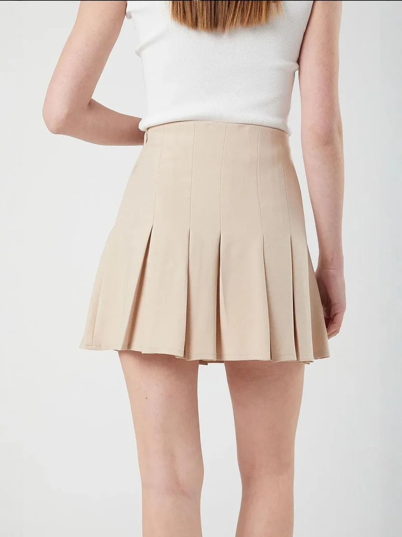 MixRay Beige Natural High Waist Pleated Mini Skirt with Chain Detail for Women | Best Price UAE