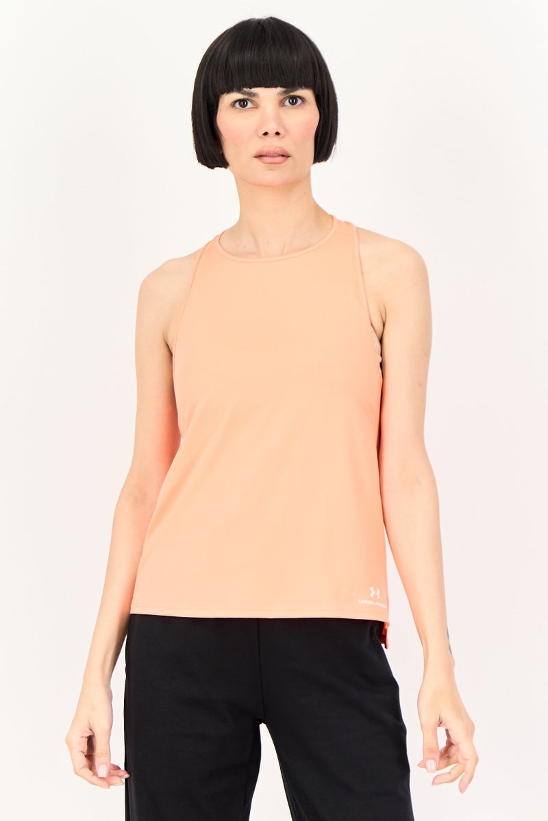 UNDER ARMOUR Women Loose Fit Sleeveless Rush Energy Training Tank Top, Neon Orange - Image 1