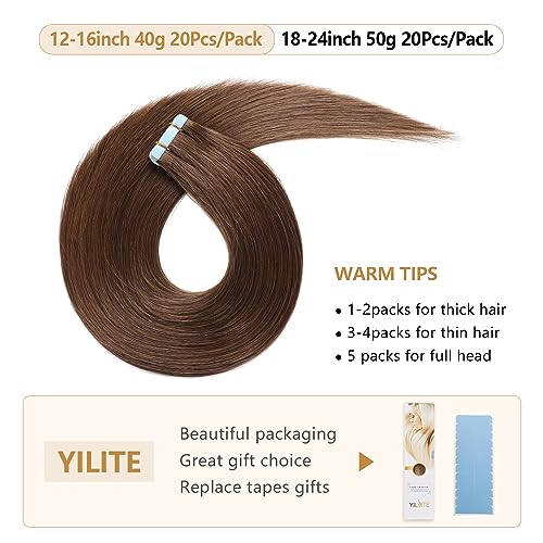 YILITE Tape in Hair Extensions #4 Medium Brown Color Remy Human Hair Silky Straight Seamless Skin Weft Real Natural Hair Tape in Extensions 20pcs 40g 14 inches - Image 4