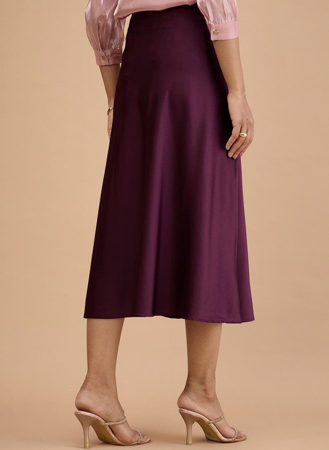 SALT ATTIRE Women Satin Midi A-Line Skirt in Burgundy - Image 4