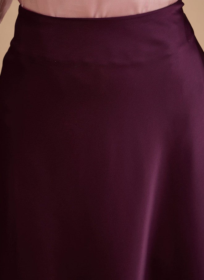 SALT ATTIRE Women Satin Midi A-Line Skirt in Burgundy - Image 3