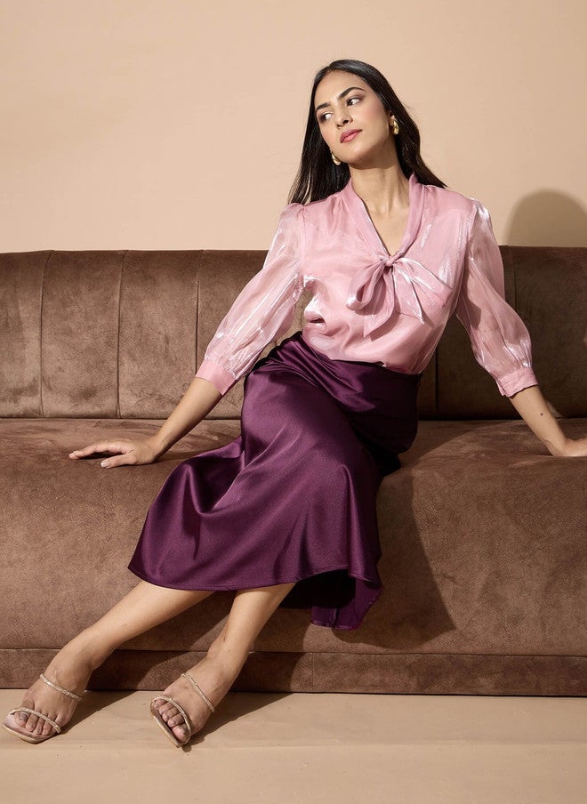 SALT ATTIRE Women Satin Midi A-Line Skirt in Burgundy - Image 5