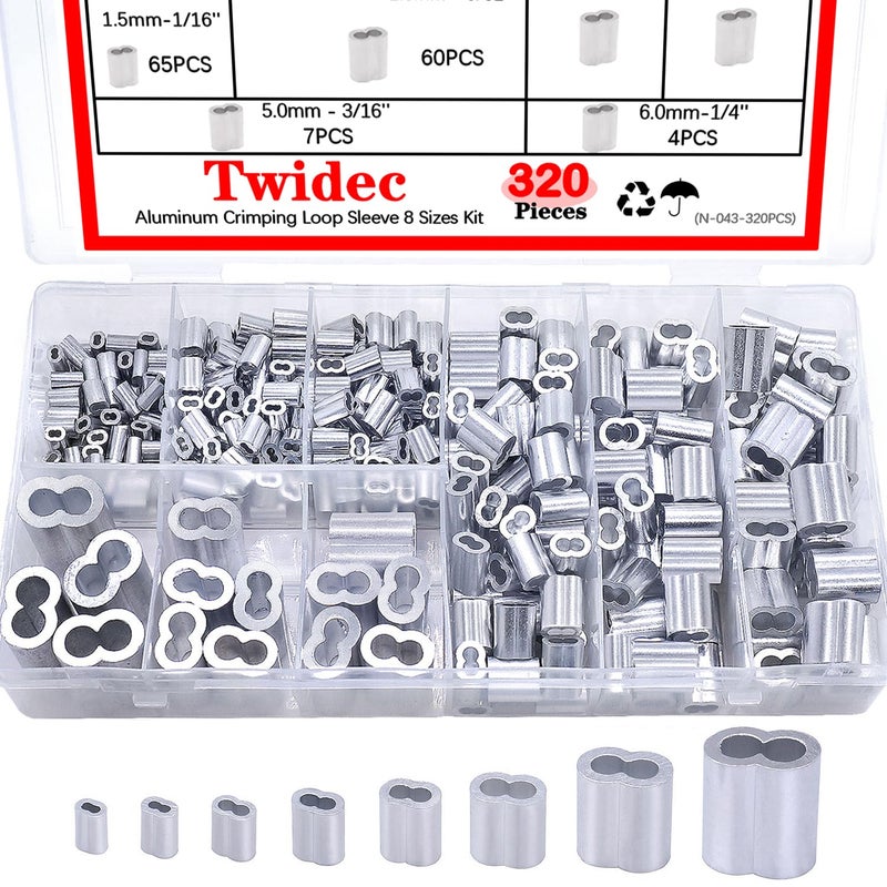 Twidec مجموعة متنوعة من حلقات تجعيد الأسلاك والكابلات من الألومنيوم من Twidec، 320 قطعة، 8 مقاسات، من M1.2 إلى M6 (من 3/64 بوصة إلى 1/4 بوصة)، رقم المنتج N-043-320 قطعة - Image 1