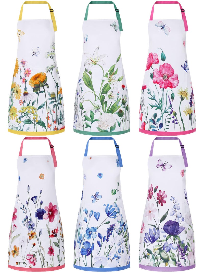 Bencailor 6 Pcs Summer Kitchen Floral Aprons with Pockets Flowers Butterfly Sunflower Wildflowers Aprons Bulk for Women - Image 2