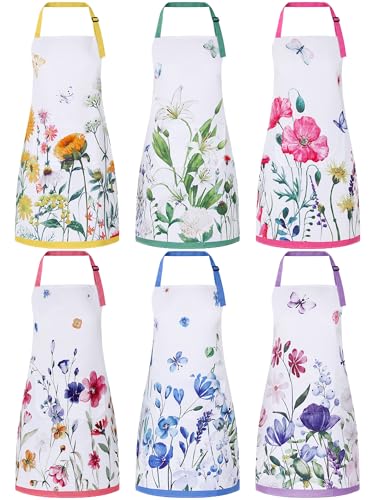 Bencailor 6 Pcs Summer Kitchen Floral Aprons with Pockets Flowers Butterfly Sunflower Wildflowers Aprons Bulk for Women - Image 1