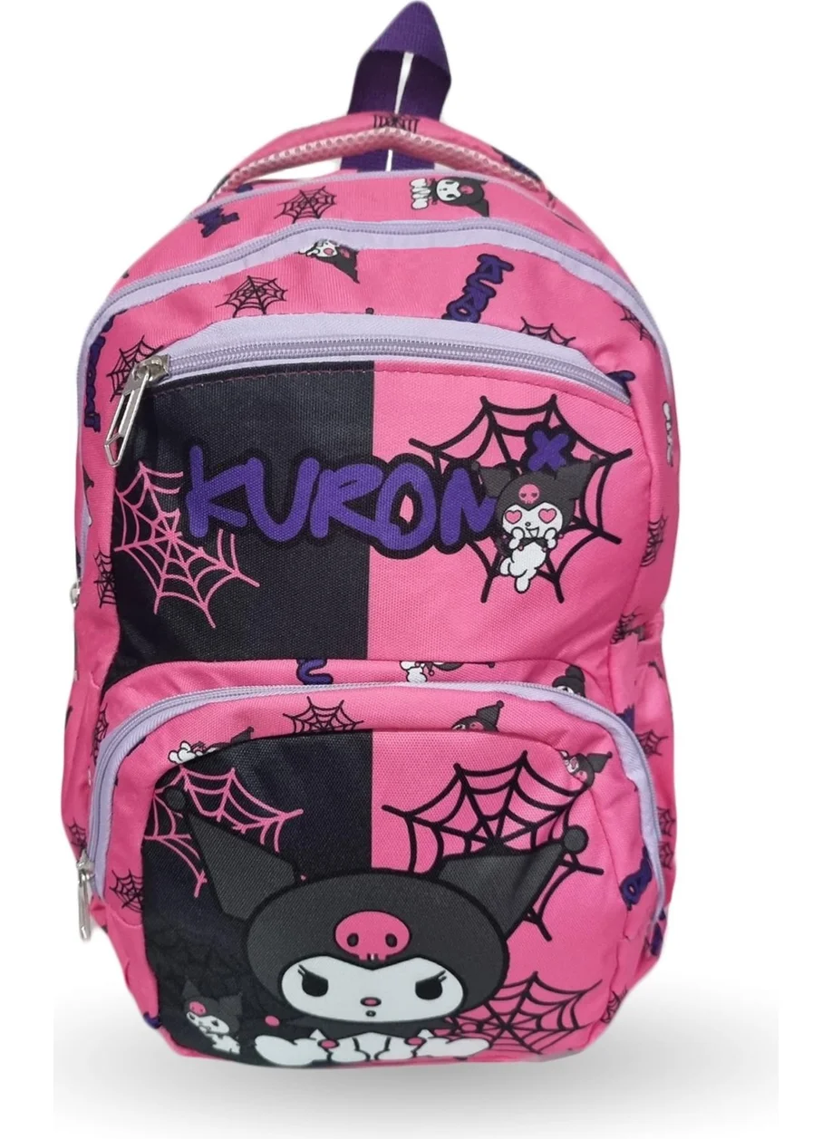 Masho Trend 4 Compartment Pink Net Kuromi Primary School Bag + Nutrition + Water Bottle - Kuromi Primary School Girl Bag