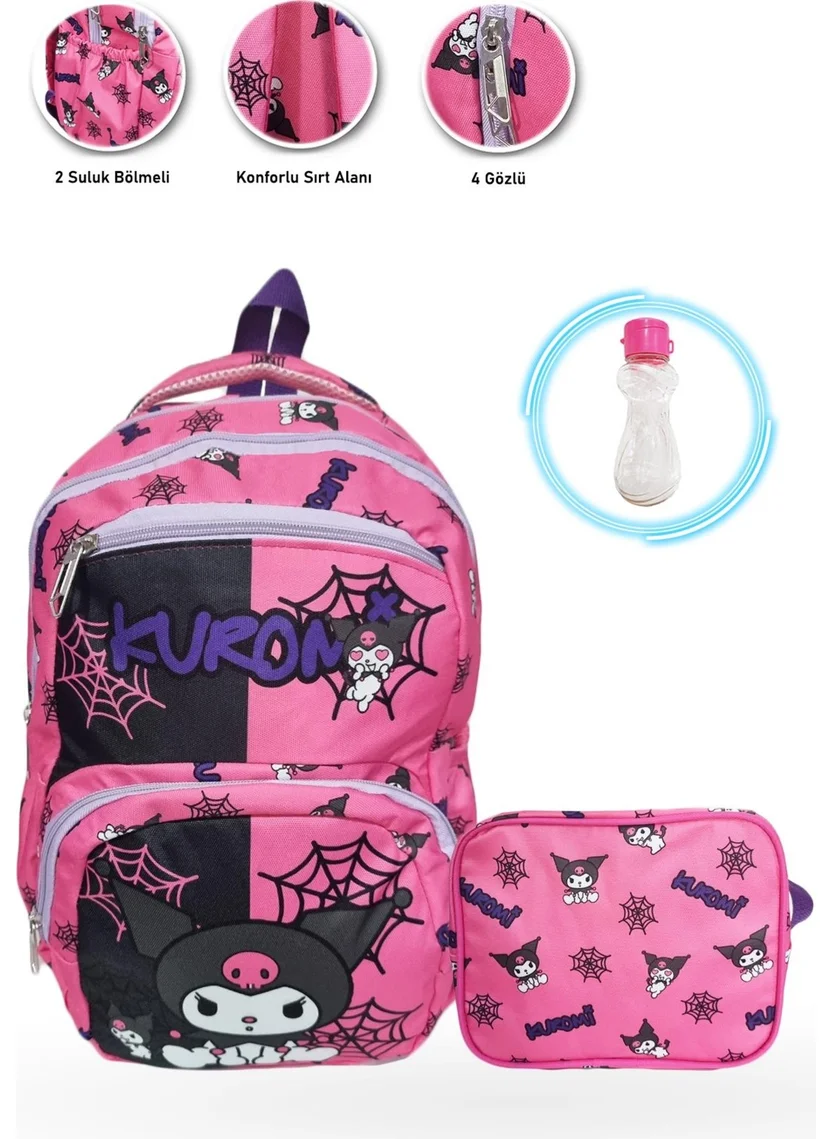 Masho Trend 4 Compartment Pink Net Kuromi Primary School Bag + Nutrition + Water Bottle - Kuromi Primary School Girl Bag