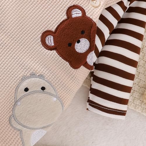 FOCICI Baby Boy Clothes 0-3 Months Newborn Long Sleeve Striped Romper + Cartoon Adjustable Suspender Overall Fall Winter Outfits + Cute Hat Beige 0-3 Months - Image 5