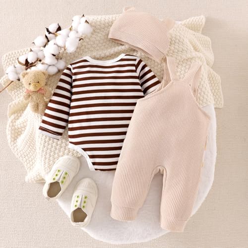 FOCICI Baby Boy Clothes 0-3 Months Newborn Long Sleeve Striped Romper + Cartoon Adjustable Suspender Overall Fall Winter Outfits + Cute Hat Beige 0-3 Months - Image 3