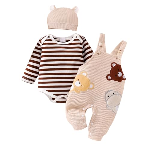 FOCICI Baby Boy Clothes 0-3 Months Newborn Long Sleeve Striped Romper + Cartoon Adjustable Suspender Overall Fall Winter Outfits + Cute Hat Beige 0-3 Months - Image 1
