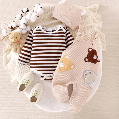 FOCICI Baby Boy Clothes 0-3 Months Newborn Long Sleeve Striped Romper + Cartoon Adjustable Suspender Overall Fall Winter Outfits + Cute Hat Beige 0-3 Months - Image 2