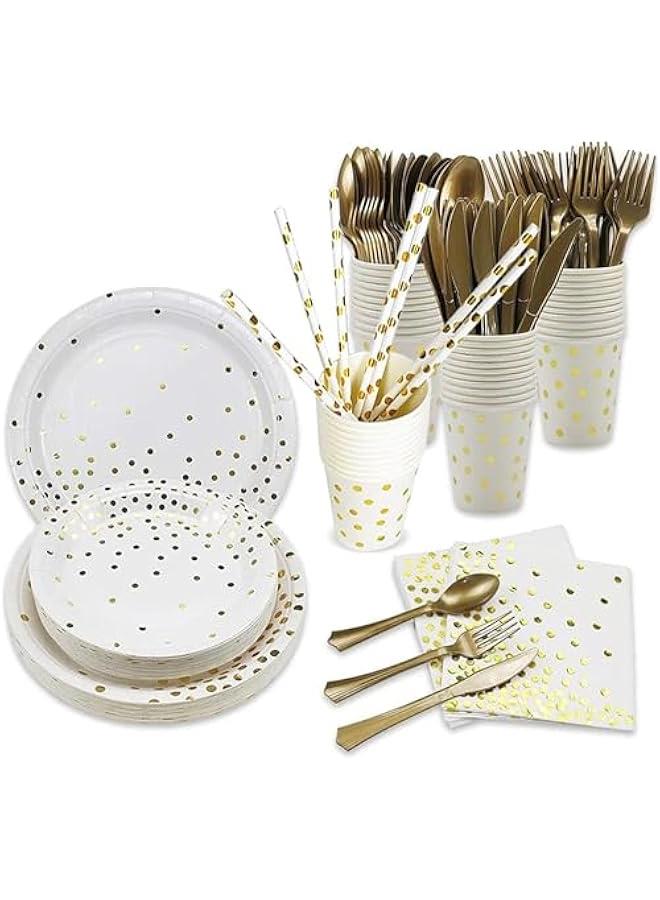 تراسل مستلزمات حفلات أعياد الميلاد أواني عشاء حفلات أعياد الميلاد ذات النقاط الذهبية أطباق ومناديل وأكواب يمكن التخلص منها تكفي 25 ضيفًا لحفلات أعياد الميلاد - Image 1