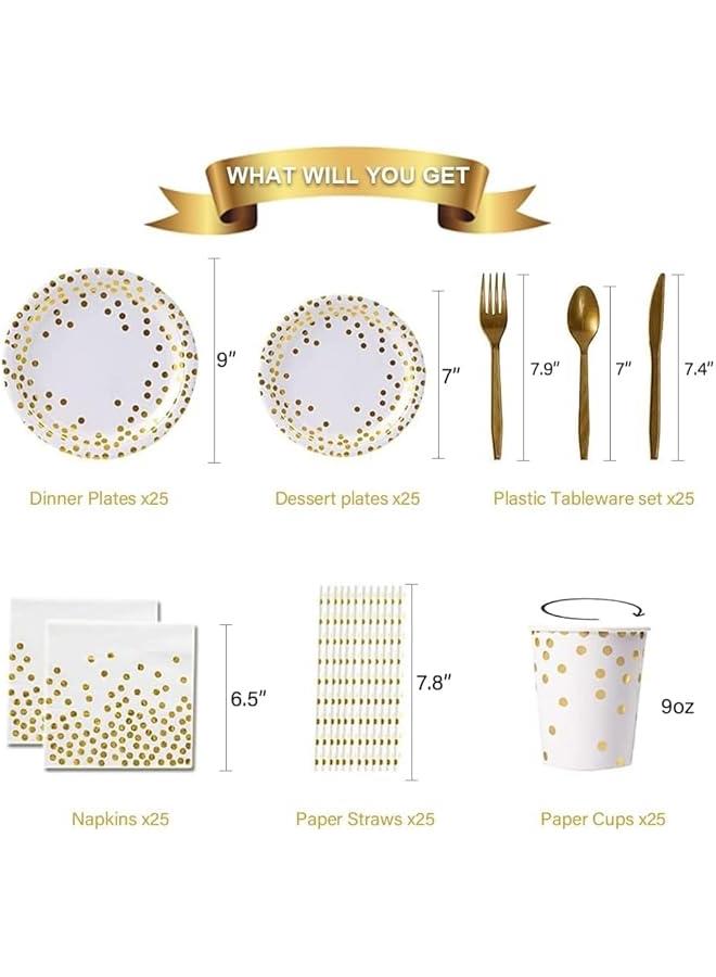 تراسل مستلزمات حفلات أعياد الميلاد أواني عشاء حفلات أعياد الميلاد ذات النقاط الذهبية أطباق ومناديل وأكواب يمكن التخلص منها تكفي 25 ضيفًا لحفلات أعياد الميلاد - Image 2