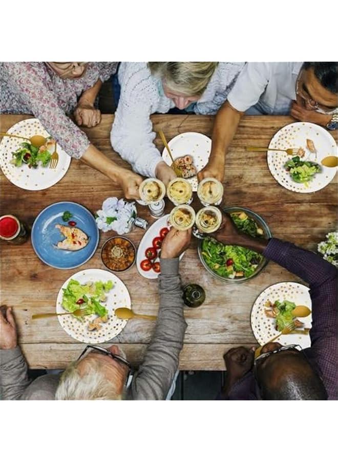 تراسل مستلزمات حفلات أعياد الميلاد أواني عشاء حفلات أعياد الميلاد ذات النقاط الذهبية أطباق ومناديل وأكواب يمكن التخلص منها تكفي 25 ضيفًا لحفلات أعياد الميلاد - Image 3