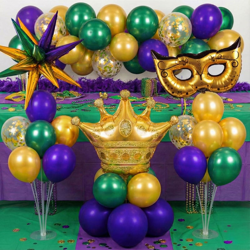 froufing Mardi balloon garland arch kit Purple Emerald green gold with Crown and Mask star mylar Balloons for Grand Fat Tuesday Party Decorations for Gorgeous Funny Festive Vibe - Image 4