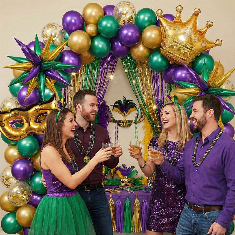 froufing Mardi balloon garland arch kit Purple Emerald green gold with Crown and Mask star mylar Balloons for Grand Fat Tuesday Party Decorations for Gorgeous Funny Festive Vibe - Image 3